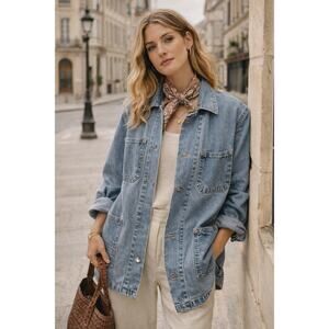 Vintage Anchor Blue 90s Denim Cotton Chore Coat Field Jacket Oversized Small